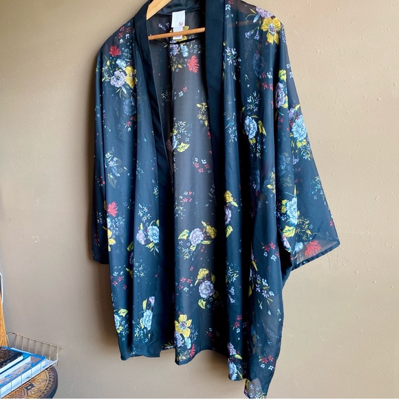 Sheer Kimono Robe Floral Open Front Cardigan Black Satin Tuxedo Women’s One Size - Picture 9 of 11